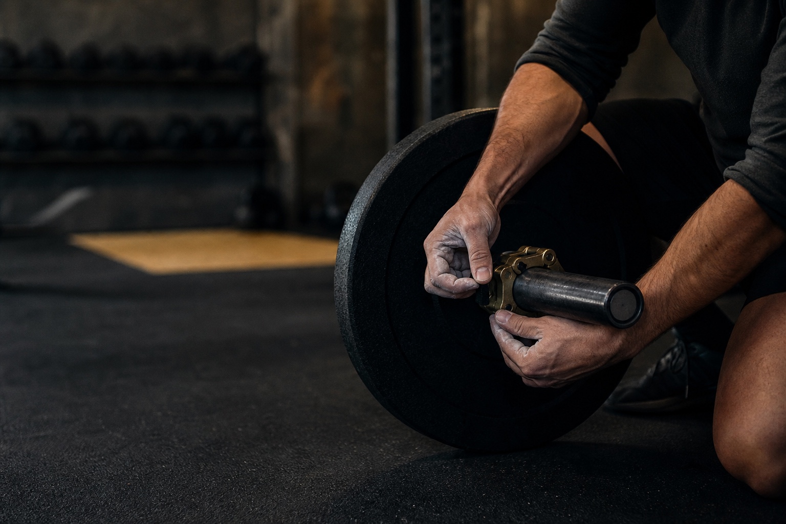 A lifter securing a barbell collar before a training session
