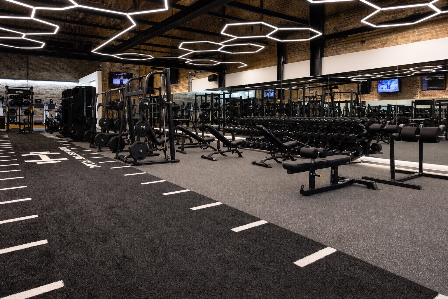 Downtown turf and free-weight floor beneath geometric ceiling lights