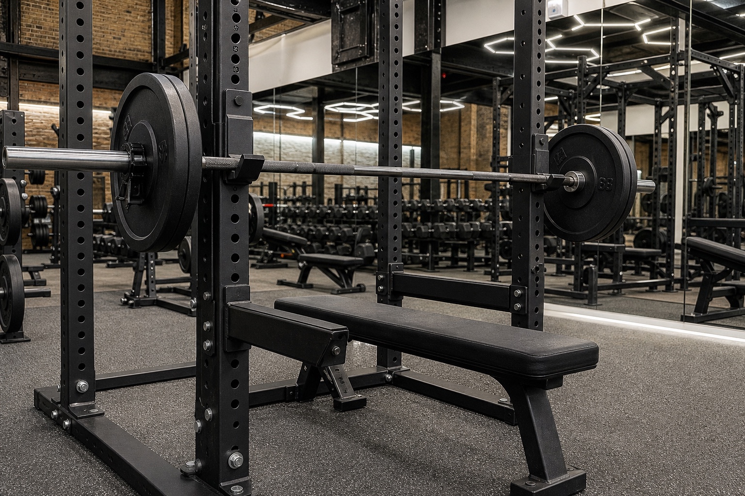 Bench, barbell, and rack safety hardware inside House of Iron Downtown