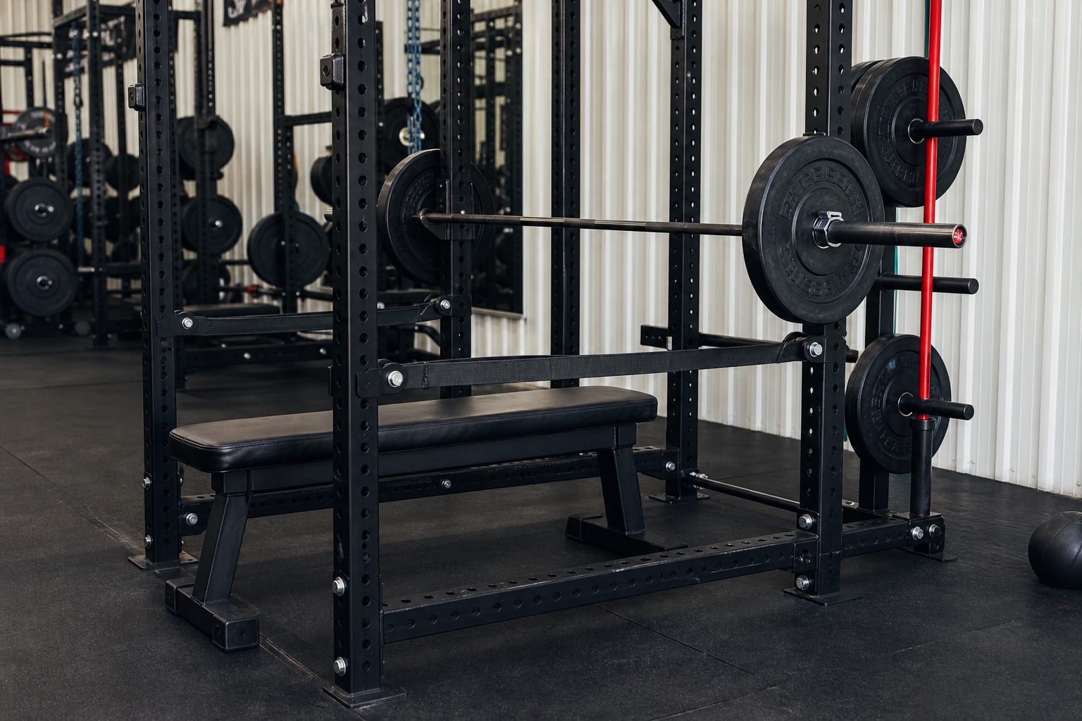 Bench, barbell, safety hardware, and plates on the Westside floor