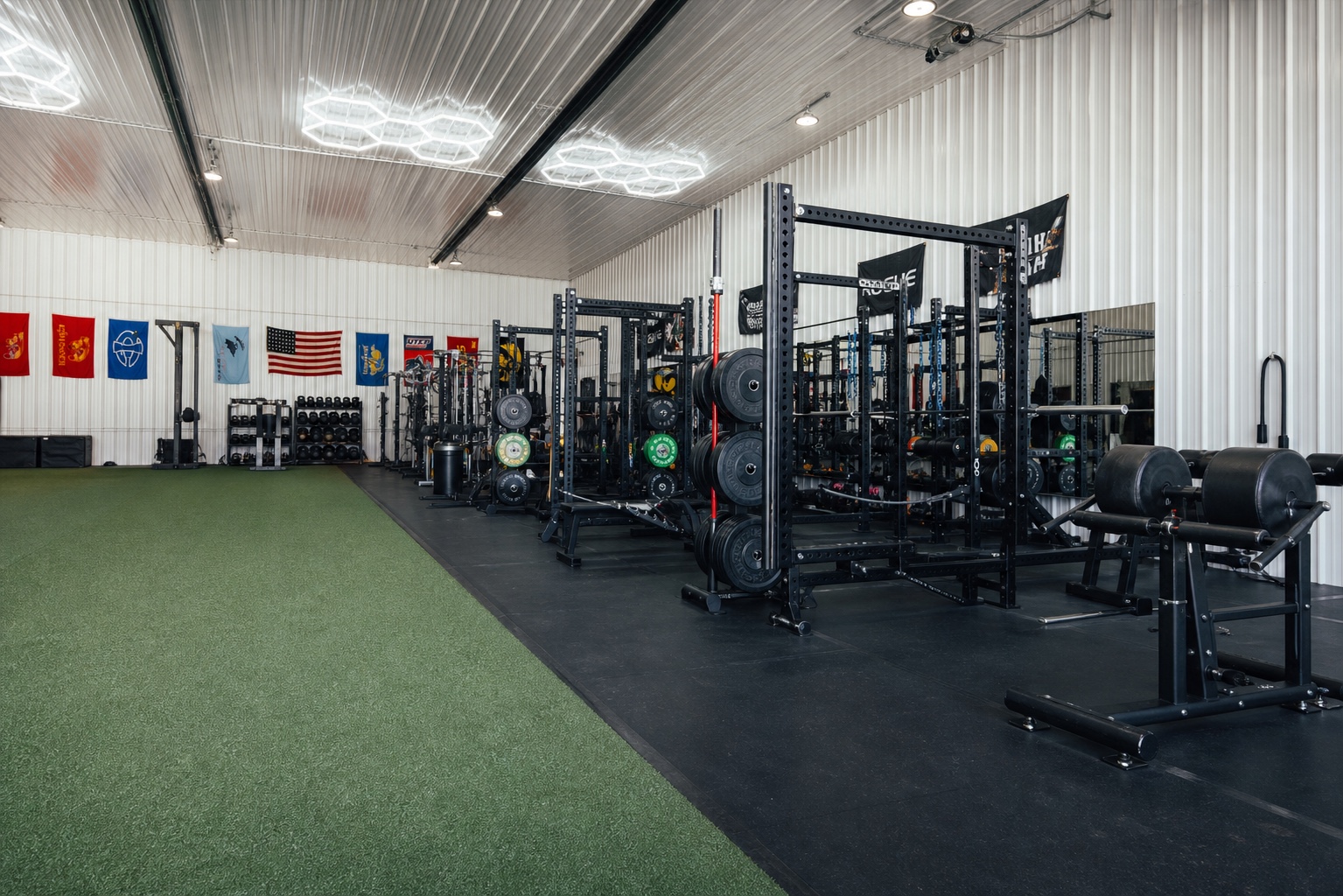 Westside turf and rack floor beneath geometric lights