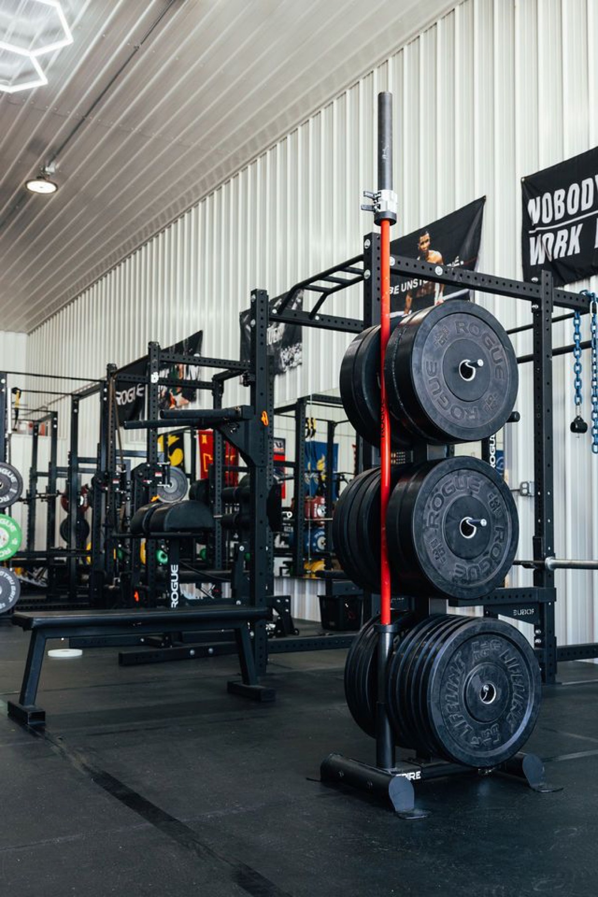 Colored bumper plates beside Westside rack hardware